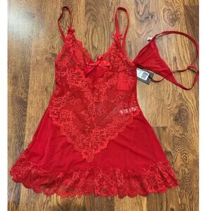 Ohlalacheri Women's Soft Cup Babydoll w Lace Detail & G-String Red Sz Small NWT
